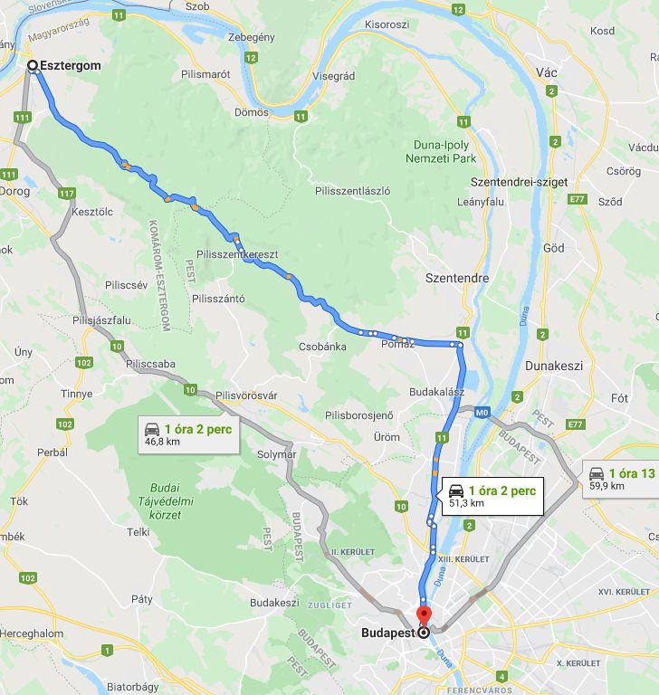 Esztergom Budapest távolság térképe autóval