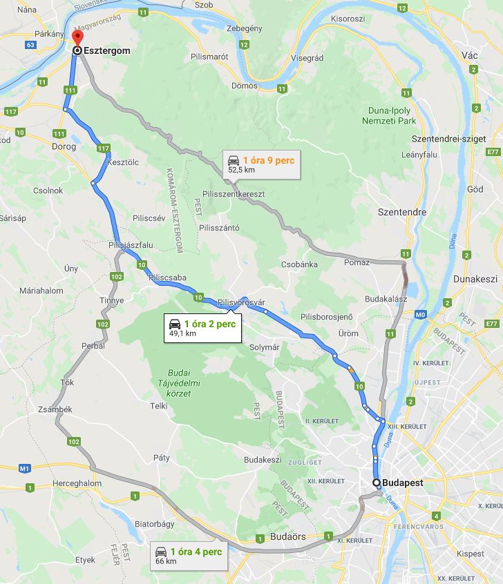 Esztergom Budapest távolsága térképen autós úton