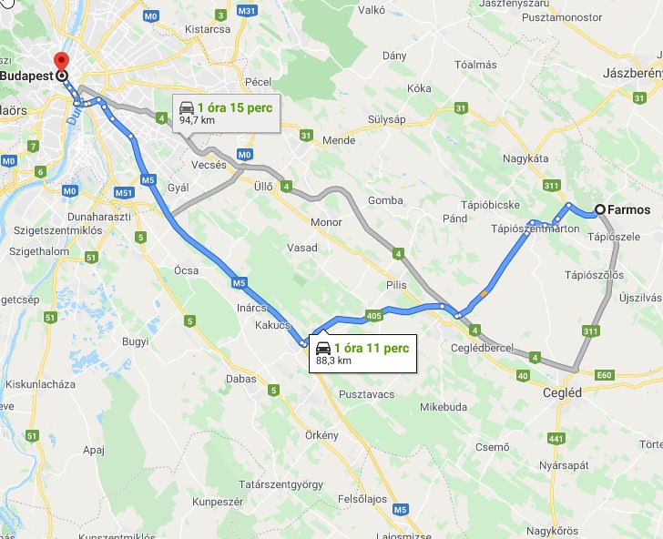 Farmos Budapest távolsága térképen autós úton
