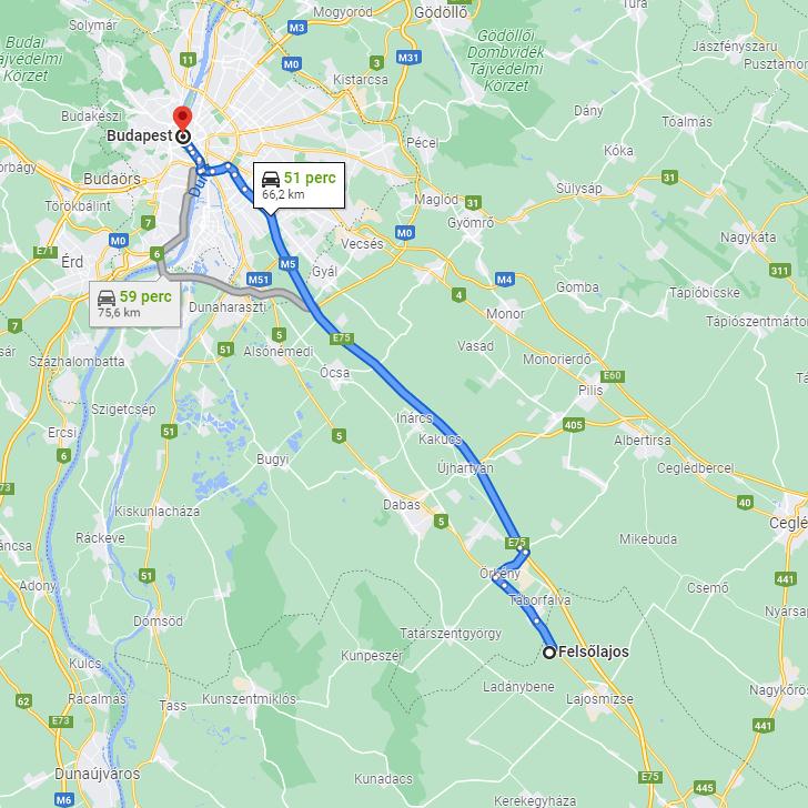 Felsőlajos Budapest távolság térképe autóval