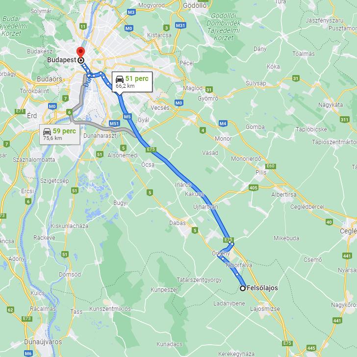 Felsőlajos Budapest távolsága térképen autós úton
