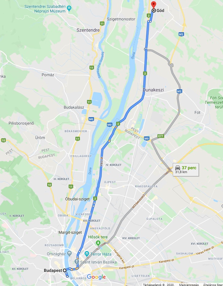 Göd Budapest távolság térképe autóval