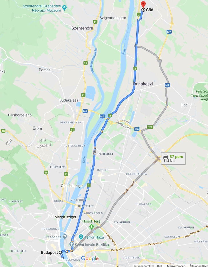 Göd Budapest távolság térképe autóval