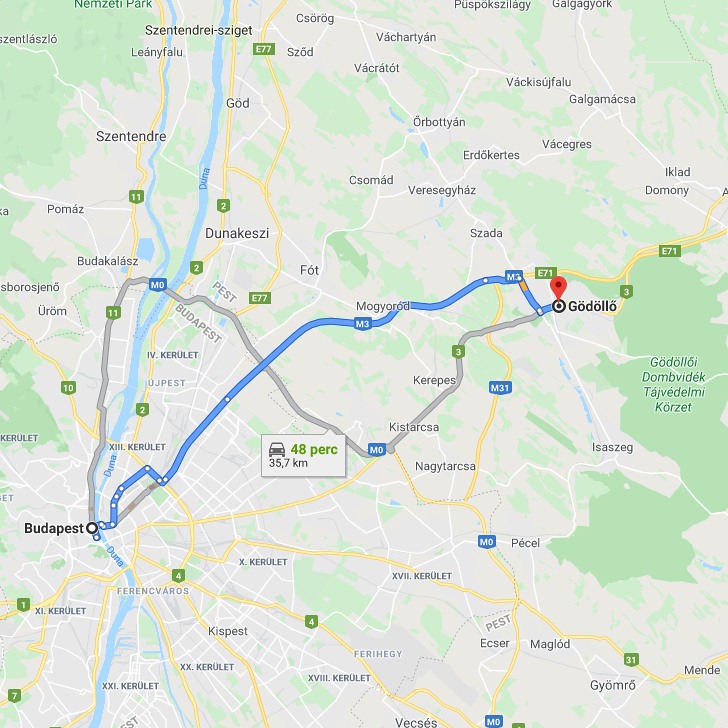 Gödöllő Budapest távolság térképe autóval