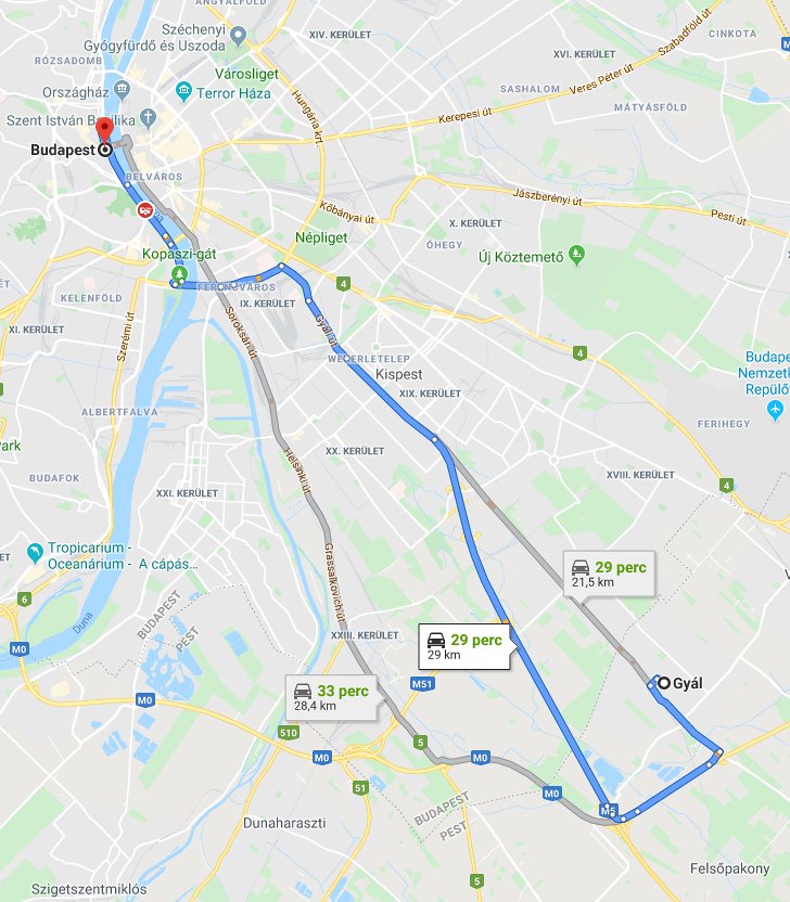 Gyál Budapest távolság térképe autóval