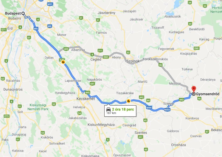 Gyomaendrőd Budapest távolsága térképen autós úton