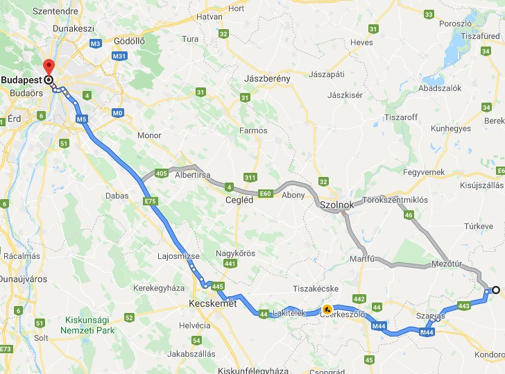 Gyomaendrőd Budapest távolság térképe autóval