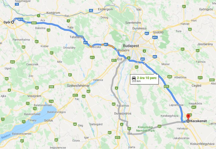 Győr Kecskemét távolság térképe autóval