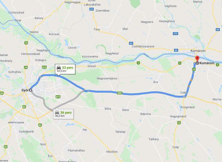 Győr Komárom távolság térképe autóval