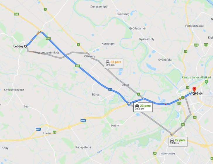Győr Lébény távolság térképe autóval