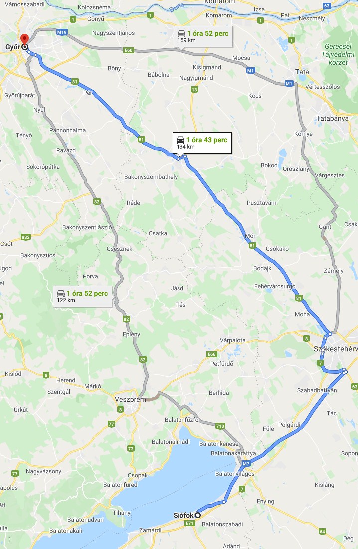 Győr Siófok távolság térképe autóval
