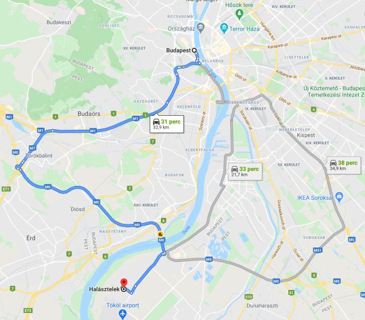 Halásztelek Budapest távolság térképe autóval