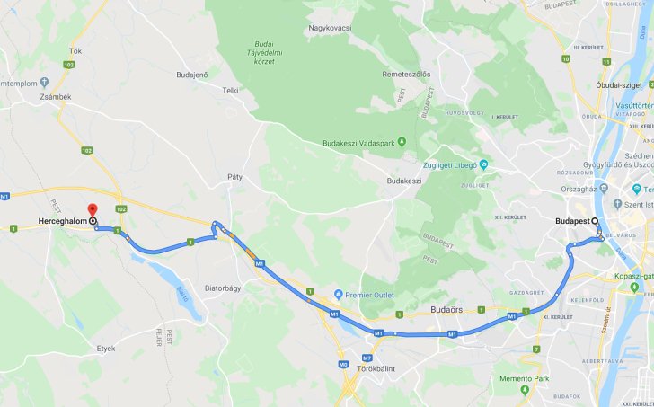 Herceghalom Budapest távolsága térképen autós úton