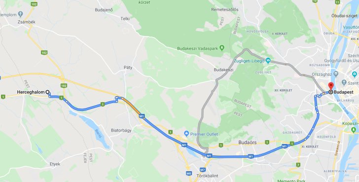 Herceghalom Budapest távolság térképe autóval