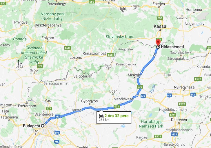 Hidasnémeti Budapest távolsága térképen autós úton
