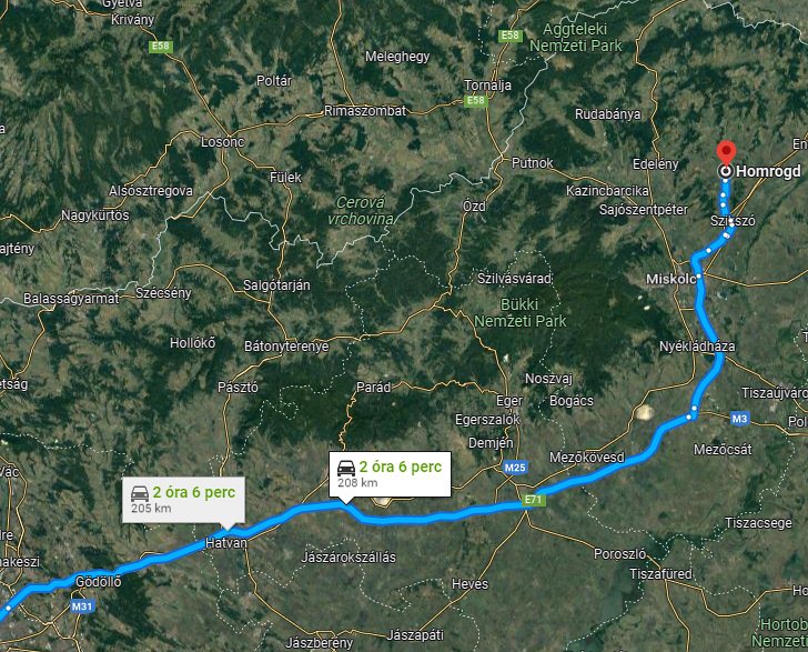 Homrogd Budapest távolság térképe autóval