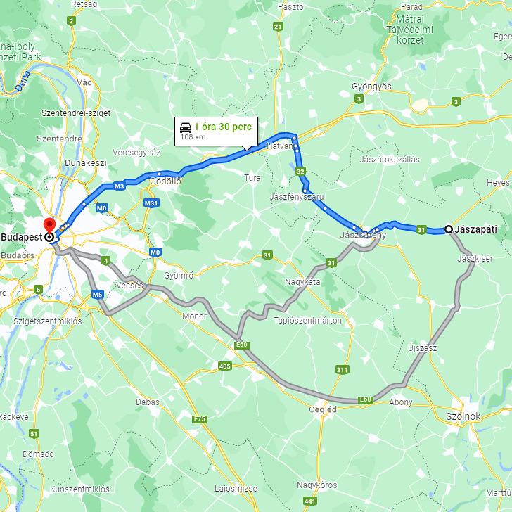 Jászapáti Budapest távolság térképe autóval
