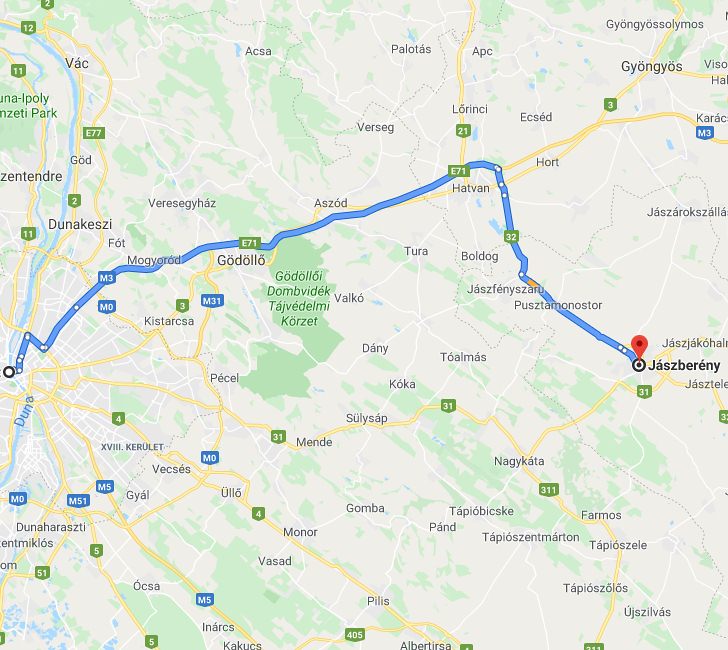 Jászberény Budapest távolsága térképen autós úton