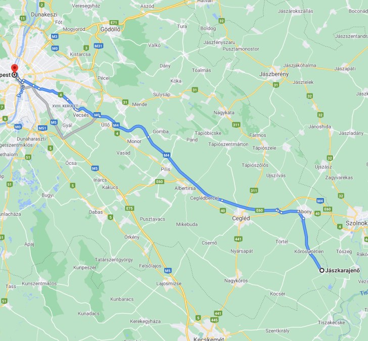 Jászkarajenő Budapest távolsága térképen autós úton