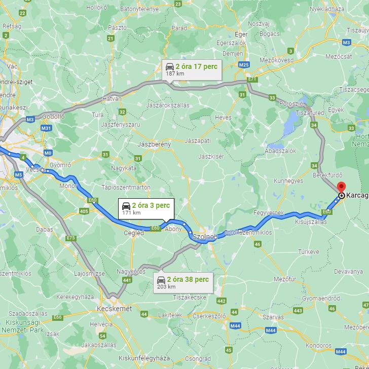 Karcag Budapest távolság térképe autóval