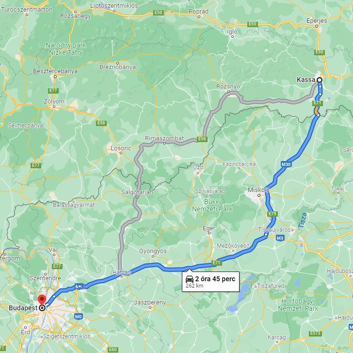 Kassa Budapest távolsága térképen autós úton