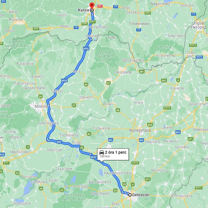 Kassa Debrecen távolság térképe autóval