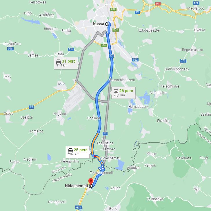 Kassa Hidasnémeti távolság térképe autóval