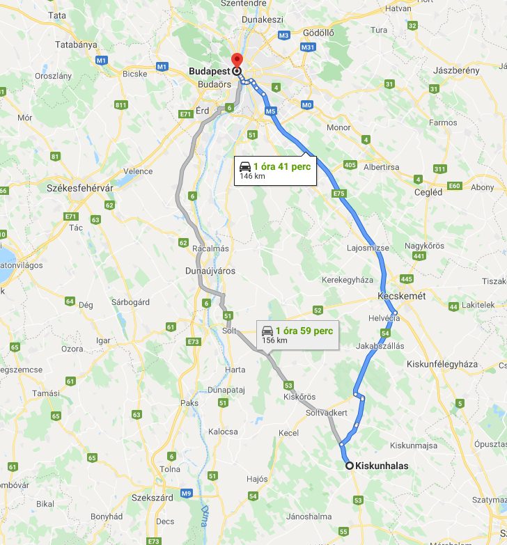 Kiskunhalas Budapest távolsága térképen autós úton