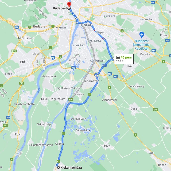 Kiskunlacháza Budapest távolság térképe autóval