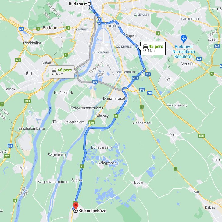 Kiskunlacháza Budapest távolsága térképen autós úton