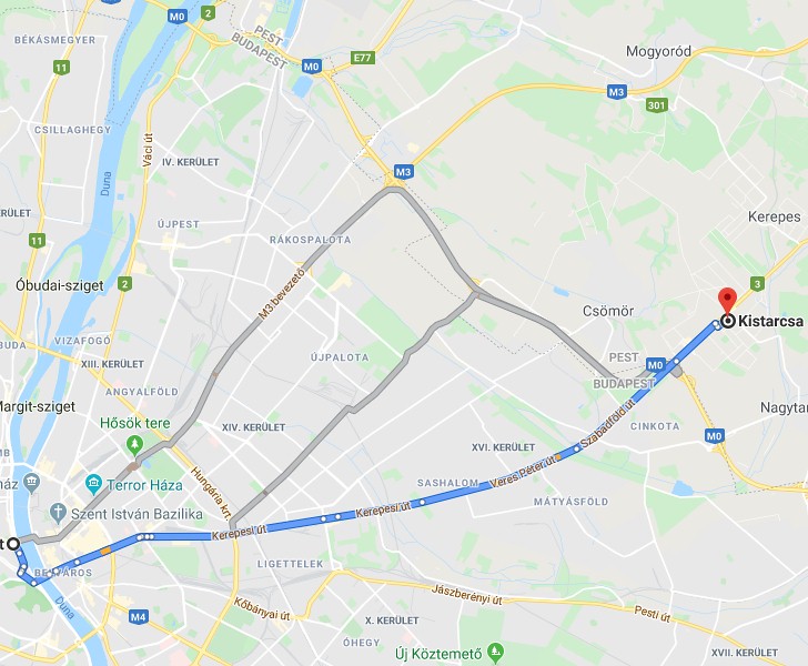 Kistarcsa Budapest távolság térképe autóval