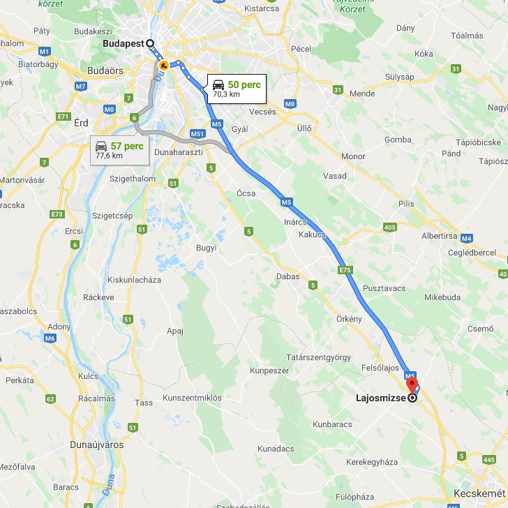Lajosmizse Budapest távolság térképe autóval
