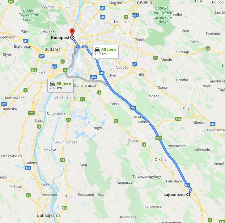 Lajosmizse Budapest távolsága térképen autós úton