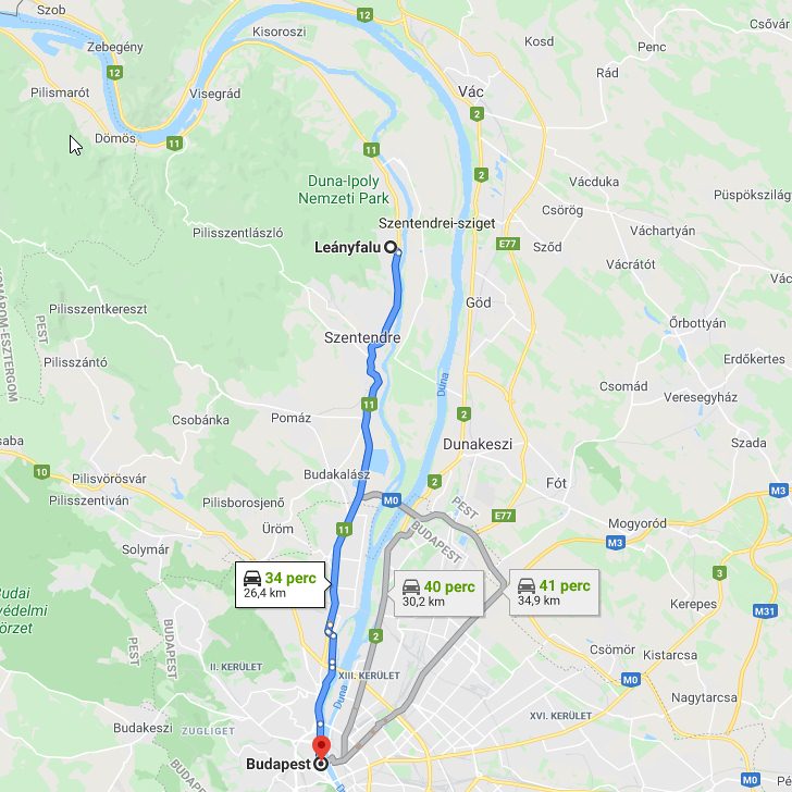 Leányfalu Budapest távolság térképe autóval