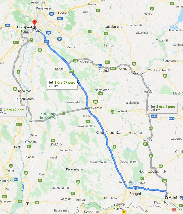 Makó Budapest távolsága térképen autós úton