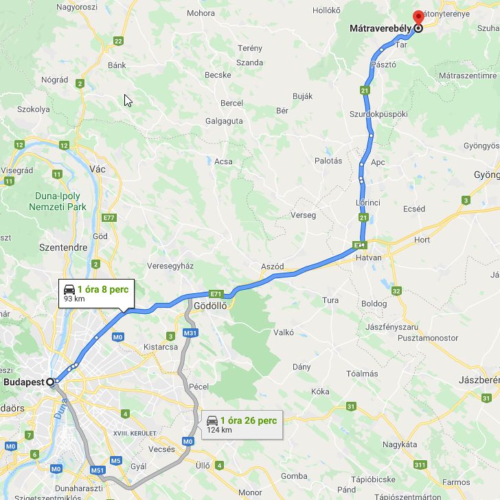 Mátraverebély Budapest távolsága térképen autós úton