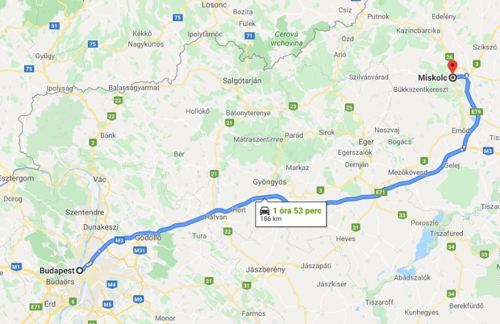 Miskolc Budapest távolsága térképen autós úton