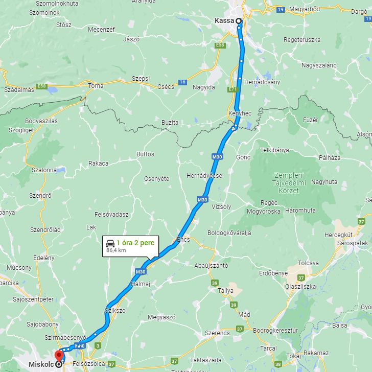 Miskolc Kassa távolság térképe autóval