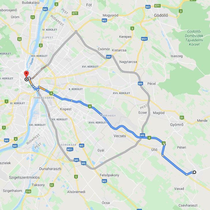 Monor Budapest távolság térképe autóval