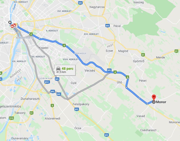 Monor Budapest távolsága térképen autós úton