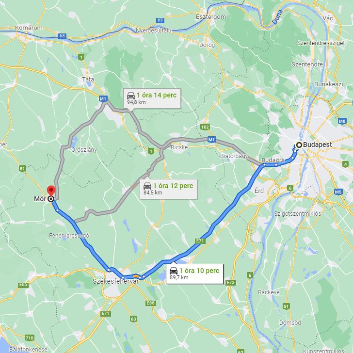 Mór Budapest távolsága térképen autós úton