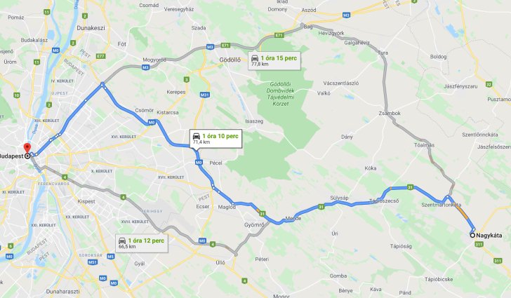 Nagykáta Budapest távolsága térképen autós úton