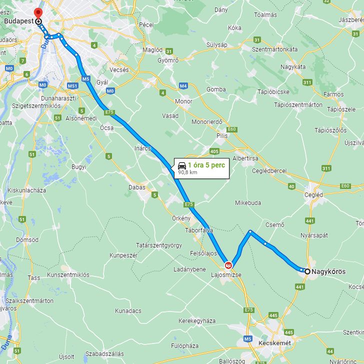 Nagykőrös Budapest távolsága térképen autós úton