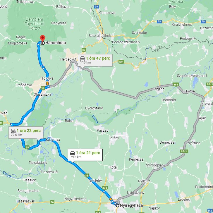 Nyíregyháza Háromhuta távolság térképe autóval