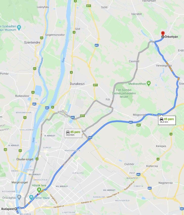 Őrbottyán Budapest távolság térképe autóval