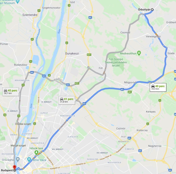 Őrbottyán Budapest távolsága térképen autós úton