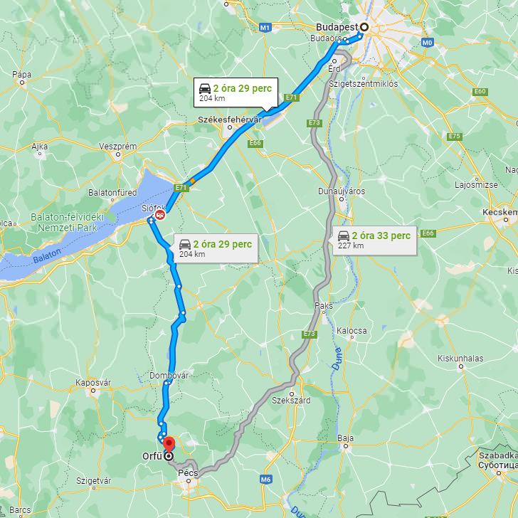Orfű Budapest távolsága térképen autós úton