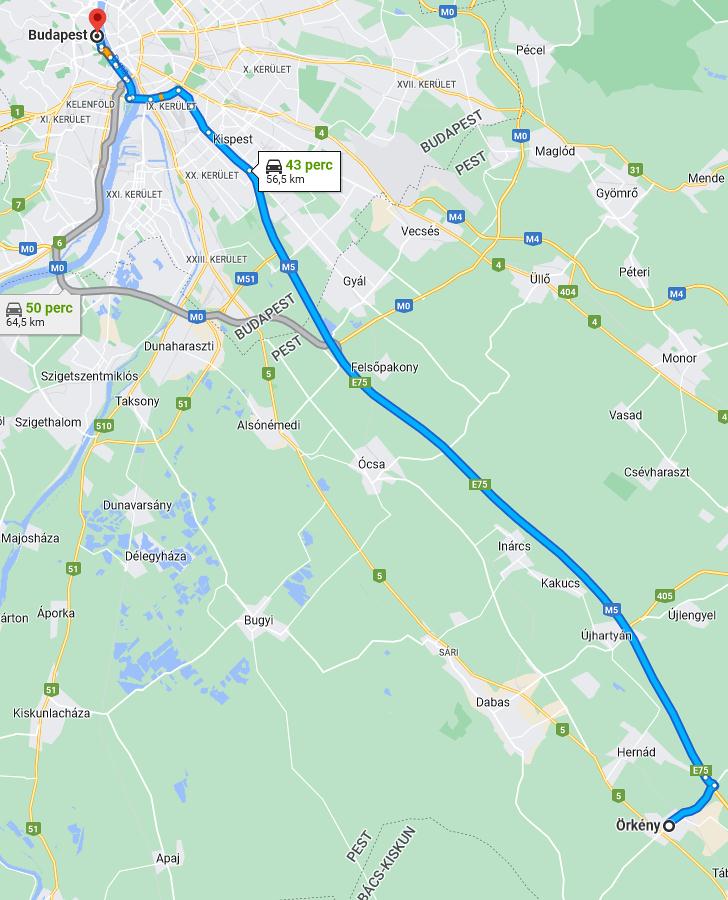 Örkény Budapest távolsága térképen autós úton