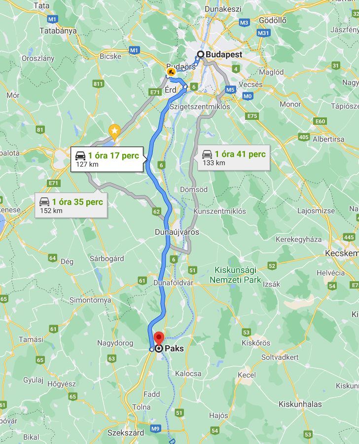 Paks Budapest távolság térképe autóval
