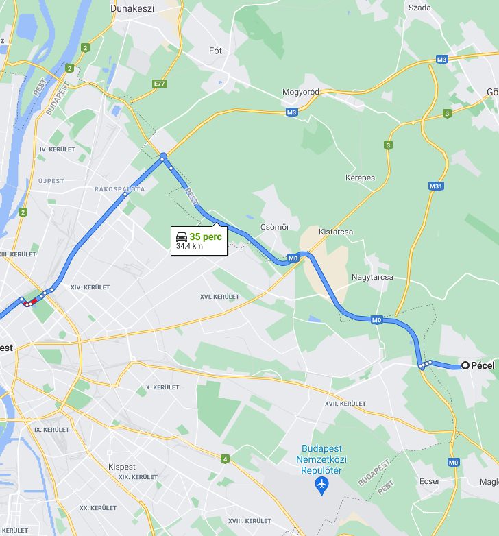 Pécel Budapest távolság térképe autóval